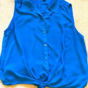 Express blue button down tie front blouse.